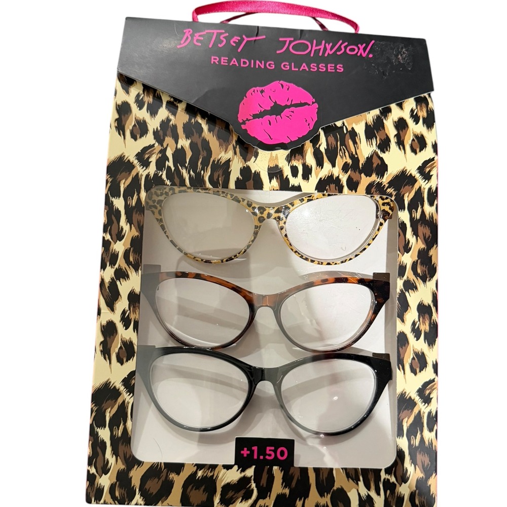 Betsey Johnson Reading Glasses 3 Pack +1.50 Cat Eye Leopard Tortoise Black NIB